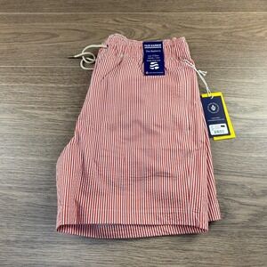 Fair Harbor The Bayberry Trunk Red Seersucker Swim Shorts Mens XL 7" Inseam